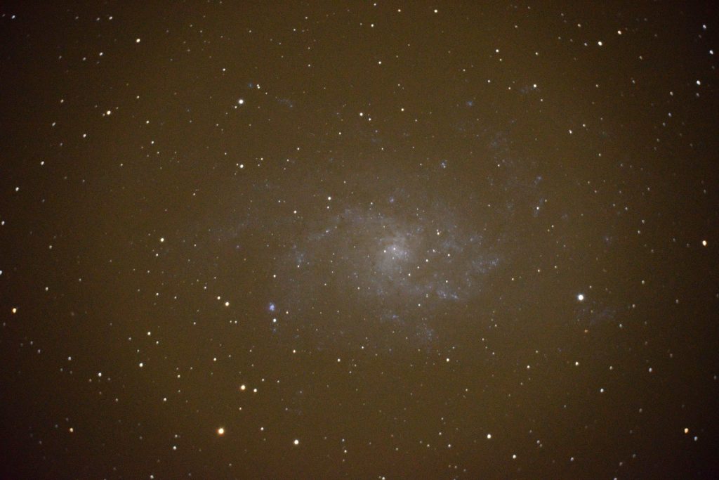Single raw light image of M33 at a dark site through Antares focal reducer